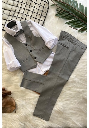 Zincirli Üç Düğme Erkek Çocuk Takım Elbise Gri