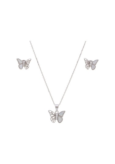 Kelebek Model Sedef Taşlı 925 Ayar Gümüş Kadın 2'li Set Gümüş