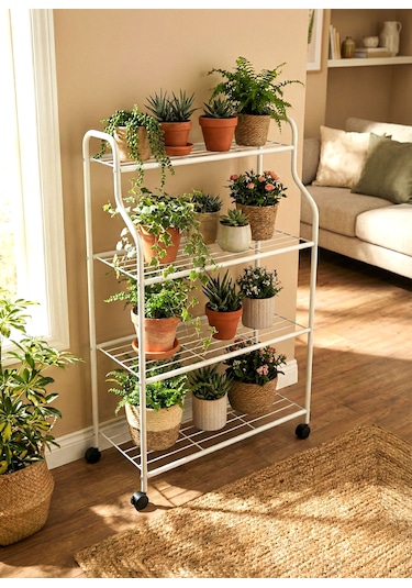 Modern Beyaz 4 Katlı Tekerlekli Metal Çiçeklik Standı: Çok Amaçlı Mutfak,kitaplık&dekoratif Lüks Stand