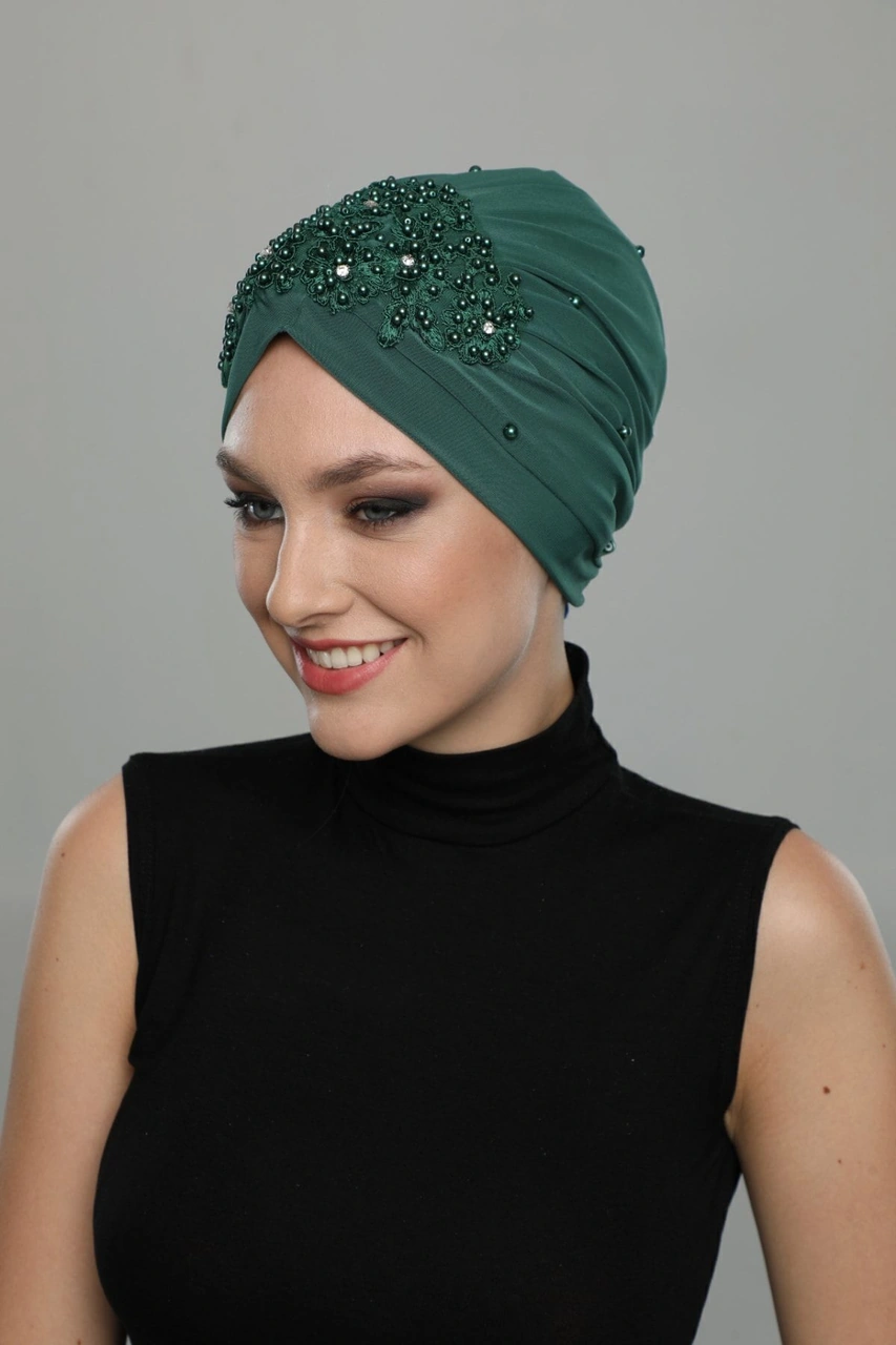 Kopma Astarlı Işlemeli Yeşil Dantel Motifli Hazır Türban Tesettür Abiye Bone Yeşil Dantel