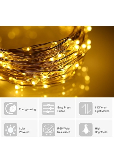 Pazly 100 Led'li Güneş Enerjili Bahçe Aydınlatma Işığı - 8 Mod, Ip65 Su Geçirmez, Sıcak Beyaz