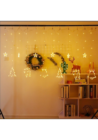 Sones Led Perde Işıkları Noel Dekorasyonu Çan Ve Geyik Işık Dizisi, Güç Kaynağı: 220v Ab Fişi Sıcak Beyaz Işık