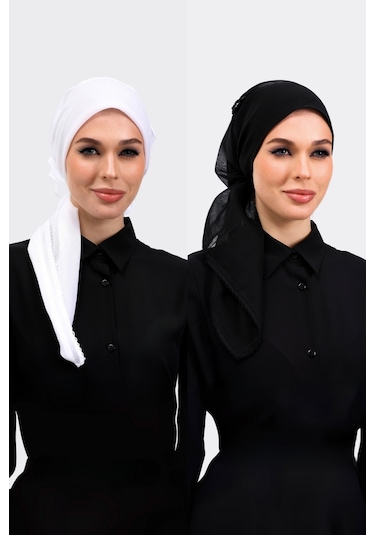 2 Adet İç Başörtüsü %100 Pamuklu Siyah Beyaz Tülbent - Kenarları Oyalı 90x90 Kadın Tesettür Siyah - Beyaz