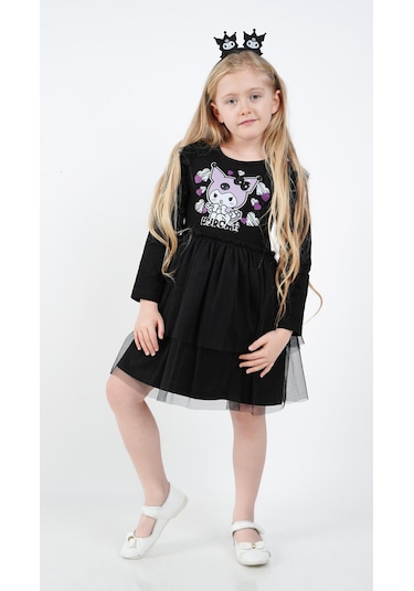 Kuromi Siyah Tül Detaylı Kız Çocuk Elbisesi Siyah