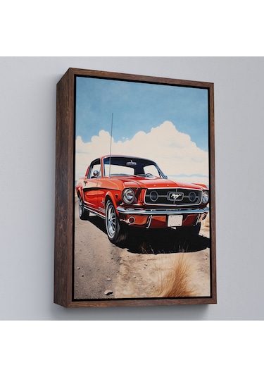 Ahşap Çerçeveli Kırmızı Mustang Tablo-7971