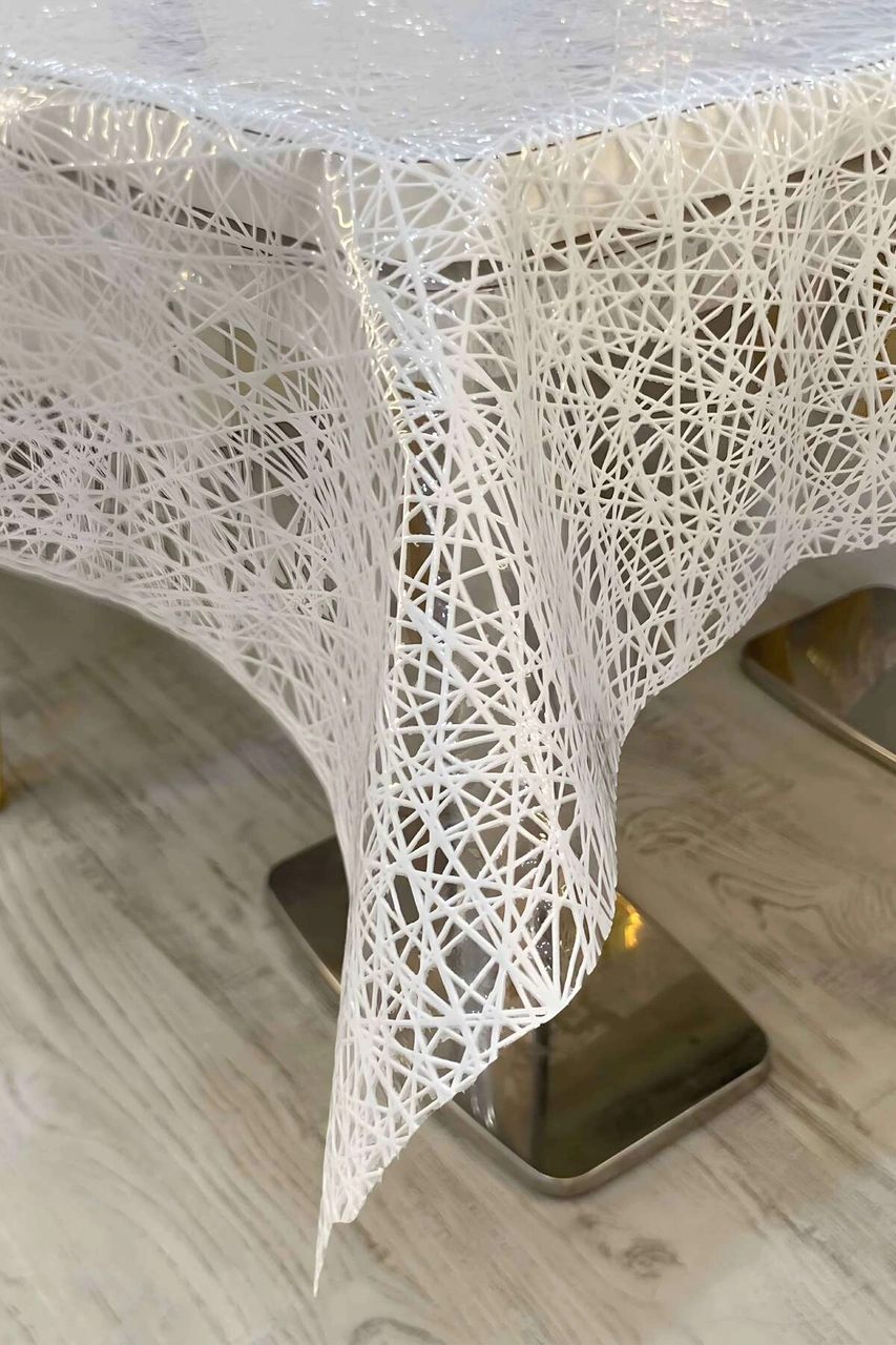 Rona Home Şeffaf Hasır Lüx Pvc Kaplamalı Masa Örtüsü Silinebilir, Su Geçirmez, Beyaz Bej Muşamba Beyaz