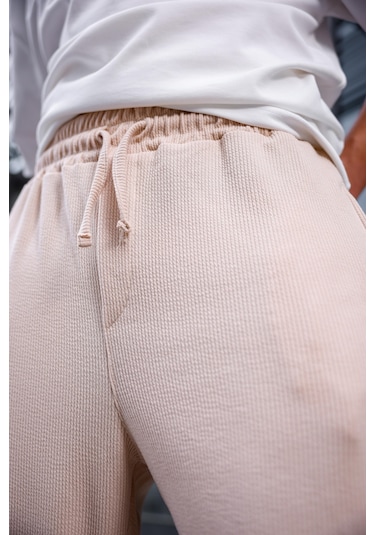 Erkek Bej Renk Burgu Desen Örme Kumaş Baggy Pantolon-1753 Bej