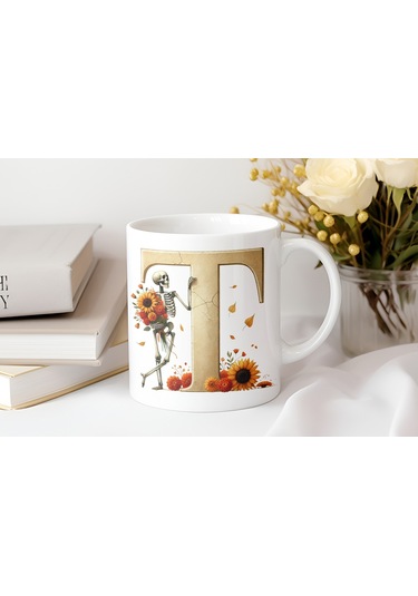 T Harfi Pembe Kareli Kalpli Göz Emojili Kupa Bardak Eğlenceli Kareli Tasarım Kahve Çay Kupası Beyaz