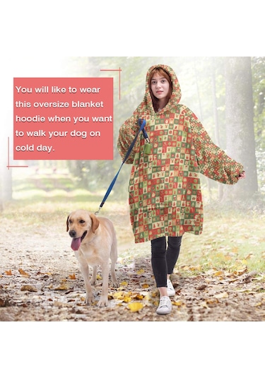 Noel Temalı Unisex Giyilebilir Battaniye Hoodie, Kalın Peluş, Kollar Ve Büyük Cep-a59 Bej