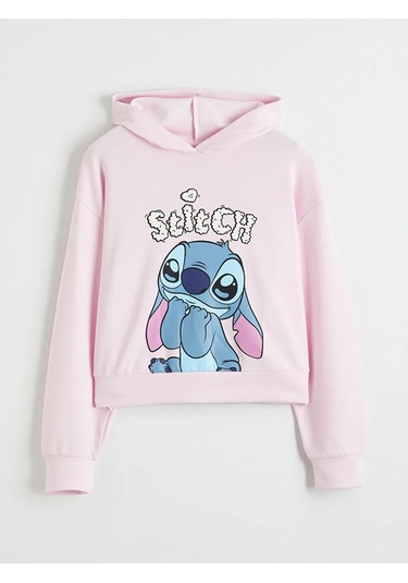 Lc Waikiki Pembe Kapüşonlu Stitch Baskılı Kız Çocuk Sweatshirt