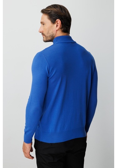 Saks Standart Fit Dar Kalıp Yarım Balıkçı Düz Uzun Kollu Triko-10086 Mavi