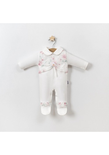 Lamato Baby Baskılı Gül Detaylı Dantelli Kız Bebe Tulum Pembe