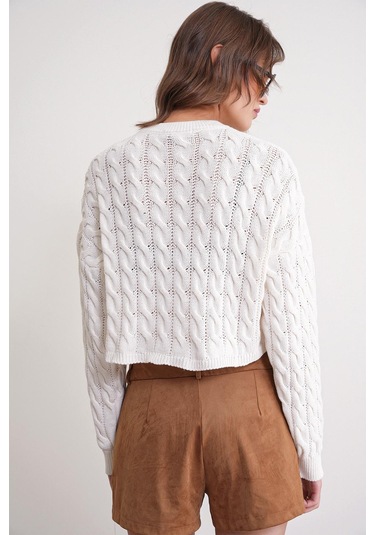 6863 Kadın Saç Örgülü Crop Triko Kazak Kemik Kemik