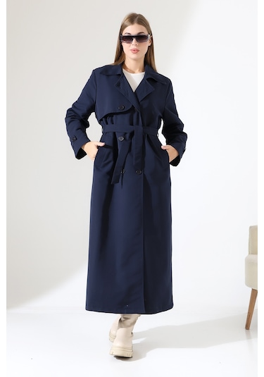 Amazon Keten Kumaş Uzun Boy Düğmeli Astarlı Yumuşak Dokulu Trenç Kot Lacivert Lacivert