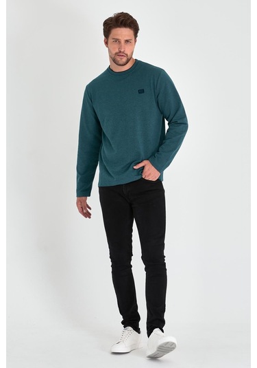 MMetalic Erkek Petrol Çift Bisiklet Yaka Baskı Detaylı Standart Rahat Kesim Sweatshirt Yeşil