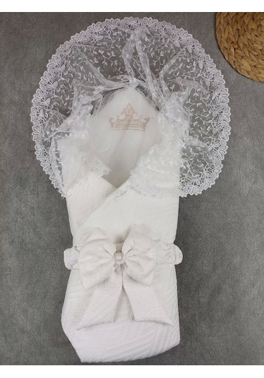 Yenidoğan Kumru Plazma Taçlı Lüks Kundak Bebek Battaniyesi Ekru Ekru