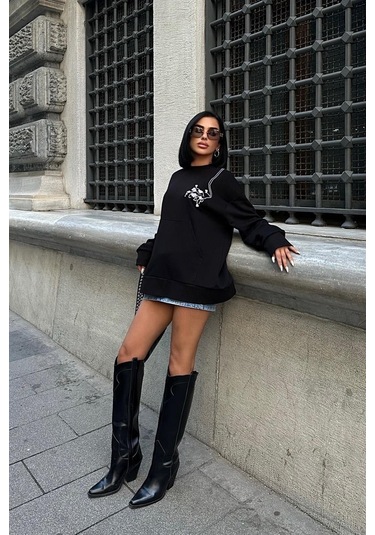 Kadın Siyah Dokuma Oversize Uzun Kollu Sweatshirt Siyah