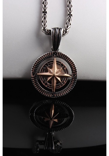 Omar Silver Erkek Kral Zincirli Pusula Model Gümüş Kolye