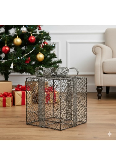 15x15 Cm Yılbaşı Hediye Paketi Metal Süs - Gold Gümüş Payetli Boncuklu Lüks Noel Ağaç Altı Dekorasyonu Diğer