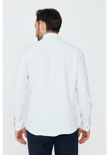 White Stone Beyaz Çizgili Dynamic Fit Erkek Uzun Kollu Gömlek