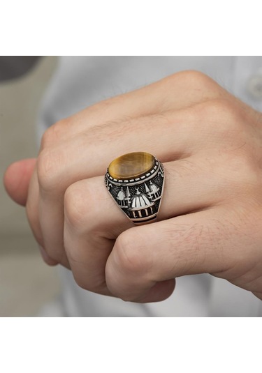 Cami Motifli Kaplan Gözü Taşlı 925 Gümüş Erkek Yüzük