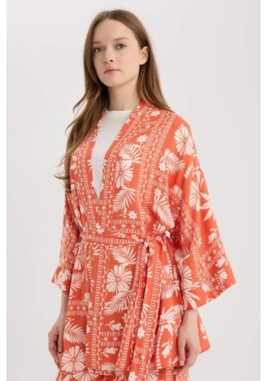 DeFacto 	Relax Fit Desenli Kuşaklı Kimono D5443AX25SPOG269 Turuncu