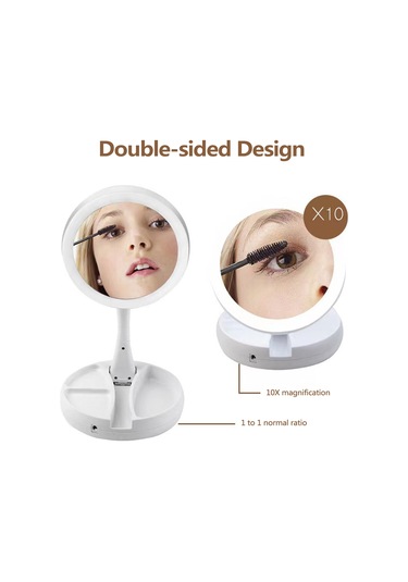 Lemestar Katlanır Çift Taraflı Led Aydınlatmalı Makyaj Aynası, 10x Büyütmeli Taşınabilir Masaj Aynası, Usb Şarjlı Beyaz