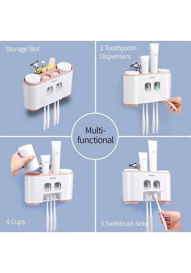 Novahub 5 Yuvalı 4 Bardaklı 2 Diş Macunlu Duvar Askısı, Yapışkanlı Beyaz Pratik Organizatör Mutfak Banyo Organizasyonu İçin İdeal Beyaz