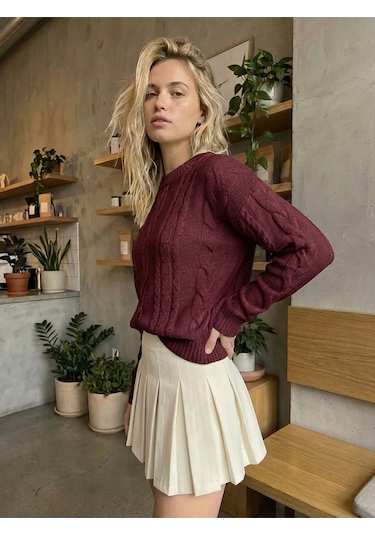 Sayzen Your Shine Saç Örgülü Basic Regular Triko Kazak Sy-2605 Bordo