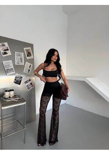 Havens Lace Kabartmalı İspanyol Paça Pantolon Siyah