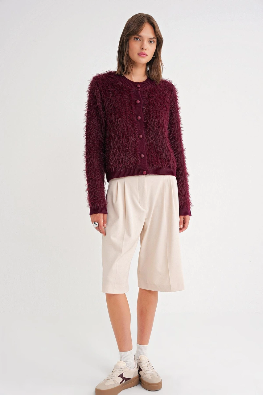 6897 Kadın Uzun Sakallı Bant Detaylı Triko Hırka Bordo Bordo