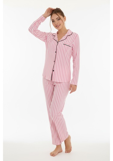 Luxury Soft Pembe Çizgili Uzun Kollu Kadın Pijama Takımı 3052 Pembe