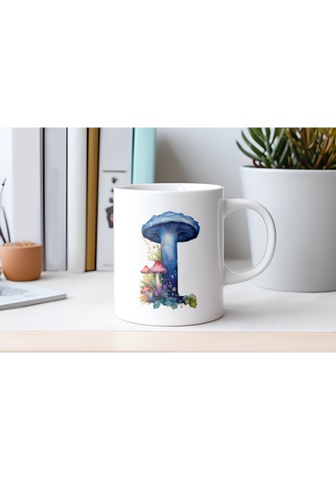 I Baş Harfi Fantastik Mantarlı Kupa Bardak - Kişiye Özel Masalsı Bardak - Hediye Beyaz