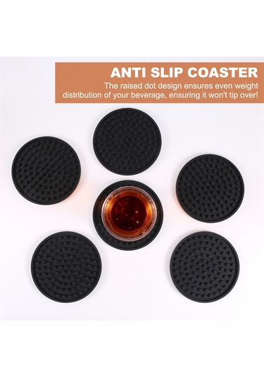Xurunkeji Siyah Yuvarlak Silikon Kauçuk Bardak Altlıkları 6'lı Set Kaymaz Evler Ve Barlar İçin Mükemmel Siyah