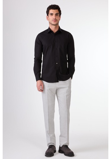 Siyah Düz Renk Slim Fit Uzun Kol Erkek Gömlek Siyah