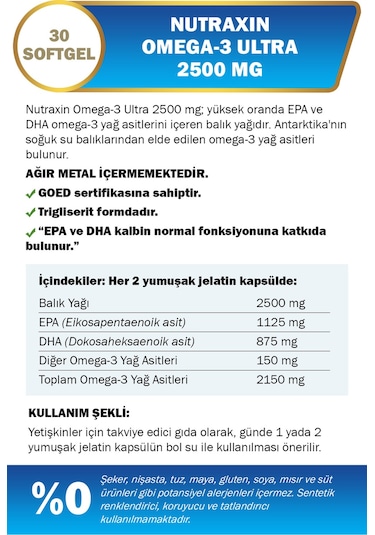 Nutraxin Omega3 Ultra 2500 Mg 30 Softjel - Balık Yağı, EPA 1125, DHA 875 Mg