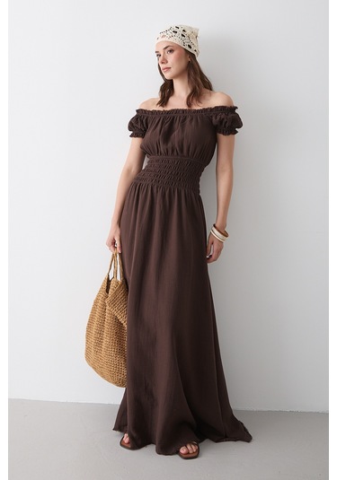 Kahverengi Büzgülü Elbise - 2002 Kahverengi