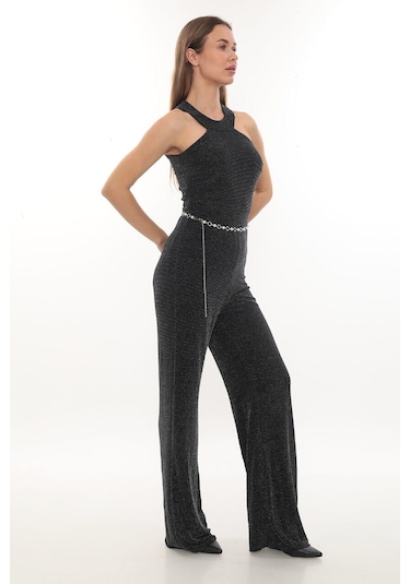 Hanife Glam Couture Hanife Glam Simli Kemerli Halter Yaka Tulum Gri