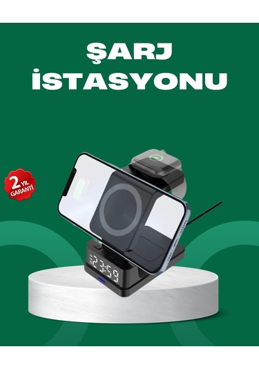 Dijital Saatli Kablosuz Şarj İstasyonu - 3 Ü 1 Arada Apple Uyumlu Hızlı Şarj Ve Led Ekran