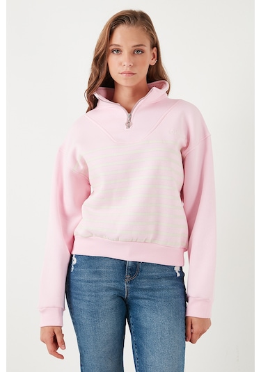 Lela Streç Oversize Fit Yarım Fermuarlı Dik Yaka Bayan Sweat 5865883 Şeker Pembe