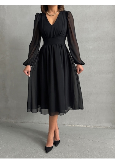 Kadın Arkadan Bağlamalı Şifon Elbise Siyah