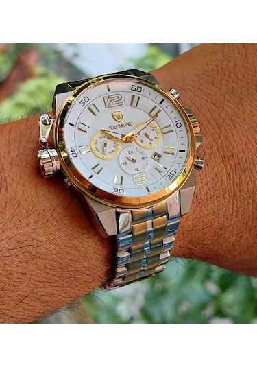 Raymond Gold Beyaz Kadran Çelik Erkek Kol Saati Altın - Gümüş