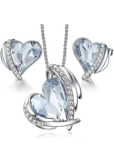 Trend Renkli Taşlı, Zirkon Taş İşlemeli Kalp Takı Seti Kolye Küpe , Yeni Yıl, Beyaz