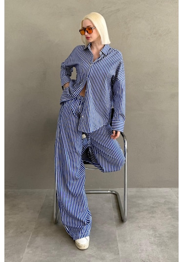 Madmext Lacivert Çizgili Gömlek Pantolon Kadın Takım Mg2457 Lacivert