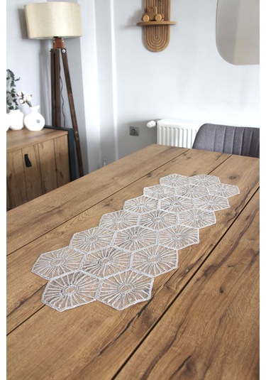 Simli Dantel Kordon Örme Detay Masa Runner Fiskos Örtüsü 100x35 Cm 2004-altıgen 001