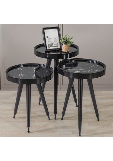 3'Lü Ahşap Yuvarlak Zigon Sehpa Siyah Içi Siyah Mermer Polen Lüx