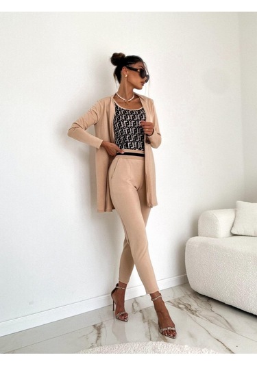 Modasize Kadın Uzun Kollu Krep Üçlü Takım Bej