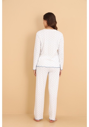 Mirano 8455 Pointel Kumaş Boydan Düğmeli Günlük Çiçekli Kadın Pijama Takımı Beyaz