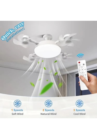 Boatshop1 Üç Beyaz Fan Led Akıllı Tavan Fanı Lambası E27 E26 Soket Uzaktan Kumanda Ayarlanabilir Parlaklık 3 Hız Yatak Oturma Çalışma Odası