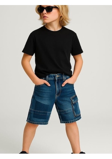 Çocuk Kargo Cepli Kot Şort-16005 Lacivert